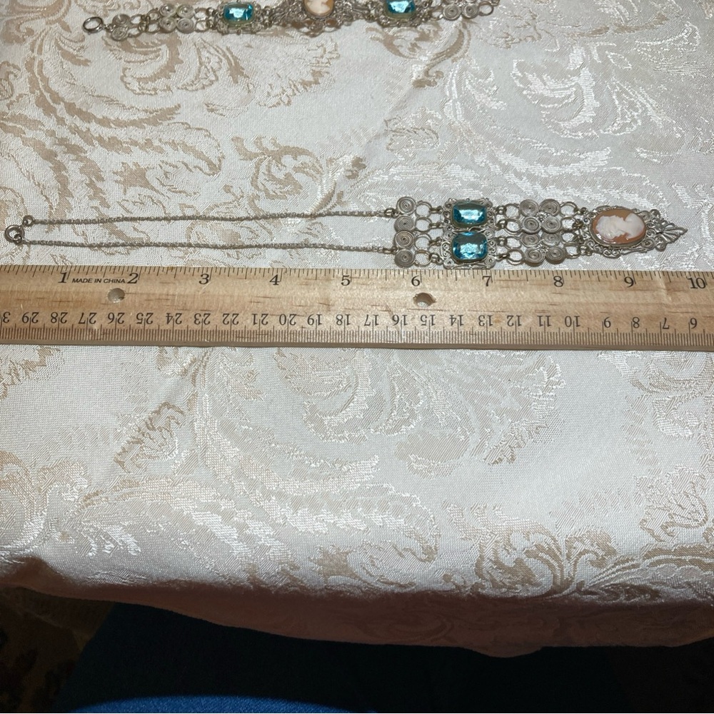 Vintage Silver and Blue Filigree Cameo Necklace & Bracelet set 1930’s - Picture 9 of 13